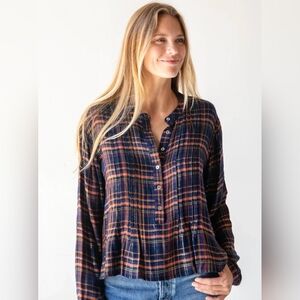 Natural Life Montana Plaid Pintuck Popover Top Cotton Size Medium Cabincore